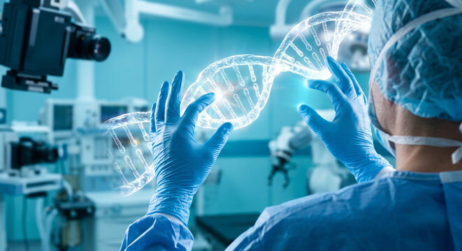 Surgeon interacts with virtual dna double helix hologram in high tech laboratory.