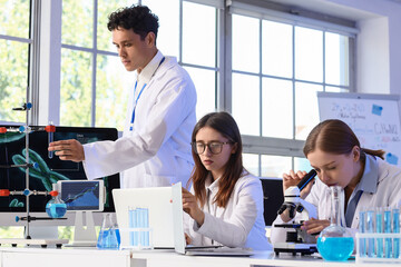 Scientific research and medical innovation, diverse team of scientists working in a modern...