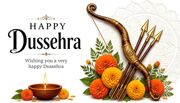 Happy Dussehra banner. Bow and arrow with flower wreath. Hindu Navratri festival, Vijayadashami holiday. Vector illustration.