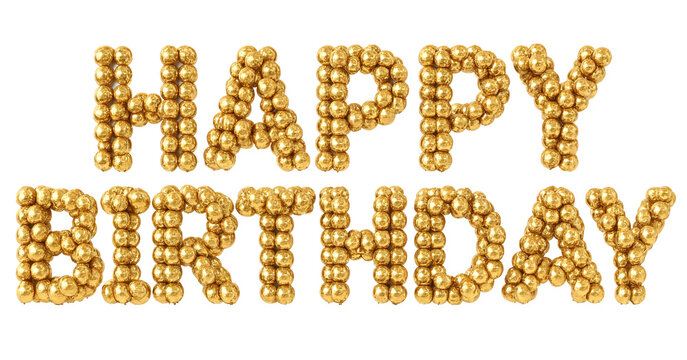 Golden beads spelling happy birthday message isolated transparent background