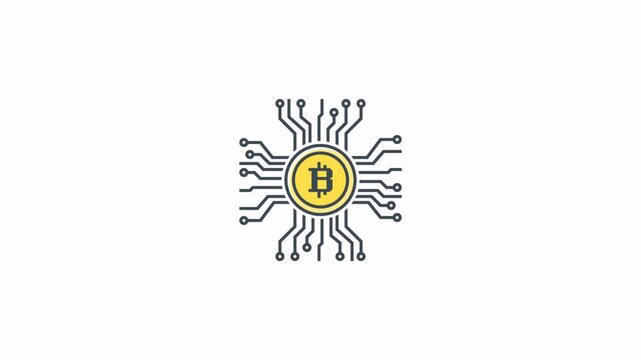 Bitcoin digital currency icon with electronic circuit lines.