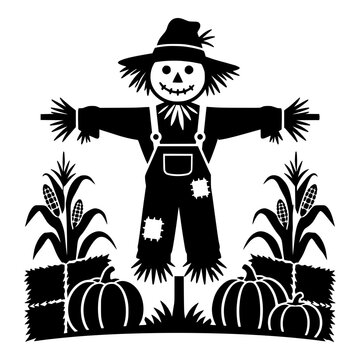 Smiling Scarecrow with Corn Stalks, Pumpkins and Hay Bales Silhouette