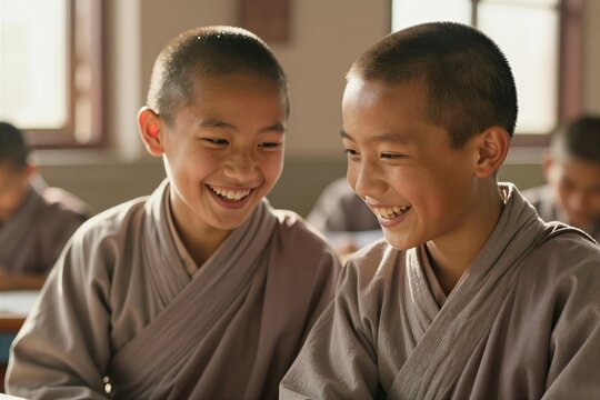 Two Young Boys Appear To Buddhist Monks Based On Attire Traditional Robe Known As Sanghati Often Worn By Monastics In Various Asian