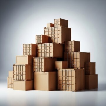 Large stack of wooden shipping containers and plywood crates with realistic metal locking bars arranged in a pyramid pile against a clean grey background for logistics and trade.