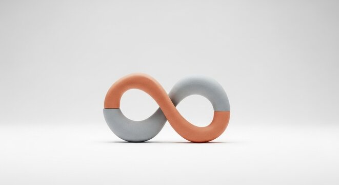 A three-dimensional infinity symbol with a matte texture, composed of interlocking orange and grey ceramic-like sections, isolated on a clean white minimalist studio background.