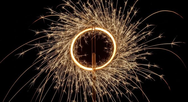Golden sparkler burning in a circular motion to form a glowing ring with radiating bright sparks and long exposure light trails isolated on a solid black background.