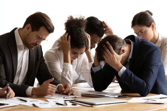 Stressed business team sitting around office table holding their heads in despair and frustration