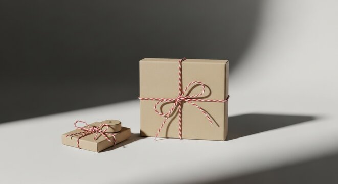 Two brown kraft paper gift boxes of different sizes tied with red and white baker's twine on a neutral gray background with high contrast studio lighting and sharp long shadows.