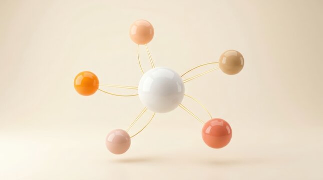 Abstract 3d rendering of a central white sphere connected to five smaller colored spheres by thin golden lines, representing connectivity and data network