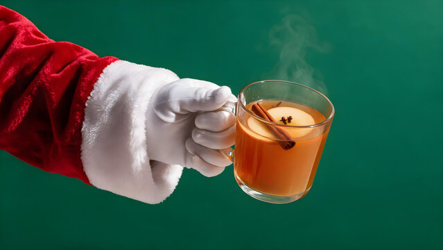 Santa Claus hand holding a warm apple cider with cinnamon and cloves. for Christmas beverage advertising, holiday drink campaigns, and festive seasonal marketing