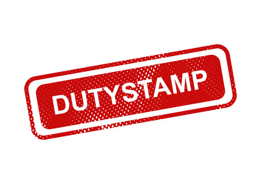 Red duty stamp with white text label illustration