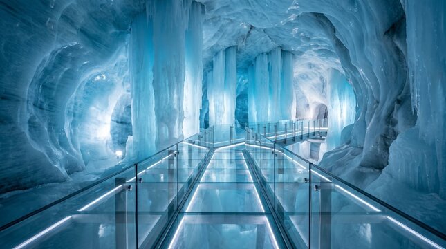 Sleek transparent glass walkway built inside a massive glowing blue crystal ice cave formation