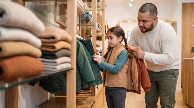 Latino father and young daughter explore layered outerwear beside a wooden boutique display, comparing a green jacket and warm fleece pieces while deciding on practical clothing for colder weather