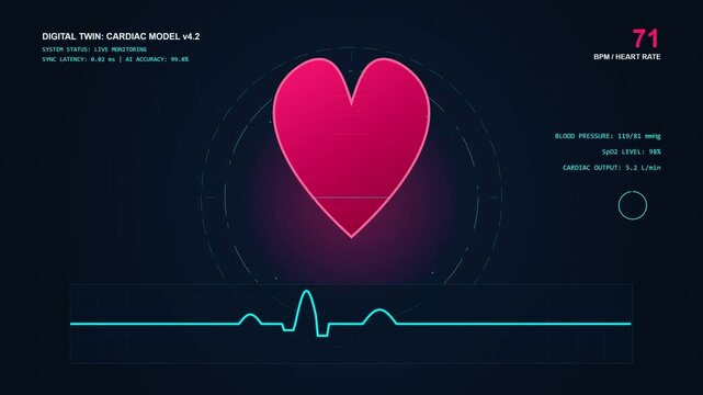 Futuristic digital twin cardiac monitoring interface with heart icon and electrocardiogram pulse