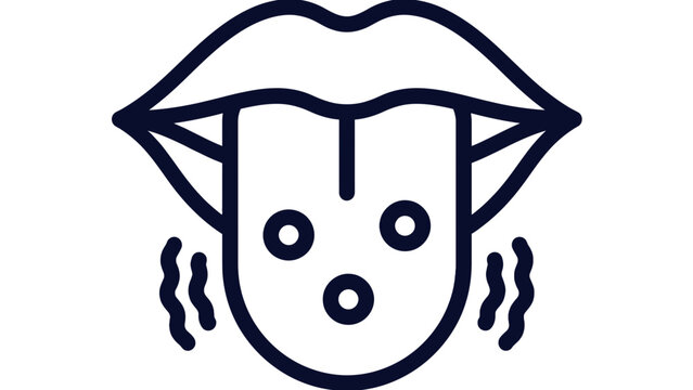 Simple line art illustration of human mouth showing tongue with small circles representing taste buds and thick black outline style