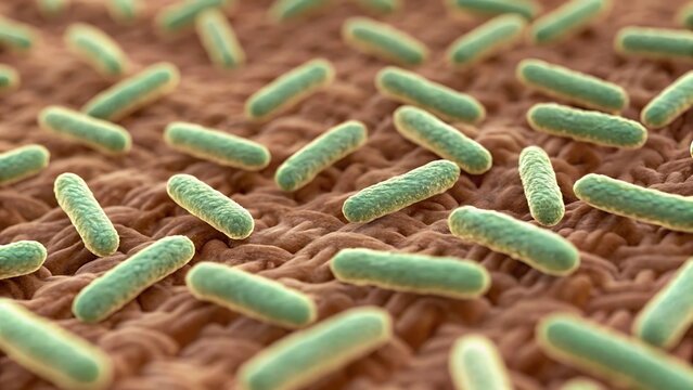 Microscopic view of bacteria and germs breeding inside a dirty domestic carpet fabric, health hazard
