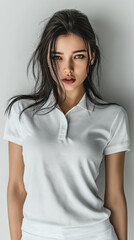 Obraz premium Beautiful Woman In White Polo Shirt Standing Posing In Studio Portrait