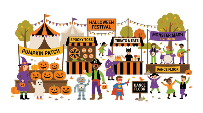 Children's Halloween Festival Scene with Pumpkin Patch, Games, and Monster Mash Dance Floor