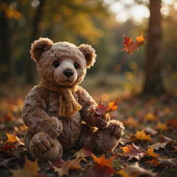 Tierno oso de peluche con bufanda sentado en un bosque de oto&ntilde;o entre hojas ca&iacute;das con luz dorada del atardecer