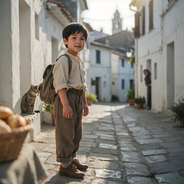 Ni&ntilde;o peque&ntilde;o con mochila escolar de pie en una calle empedrada de un pueblo tradicional europeo con casas blancas