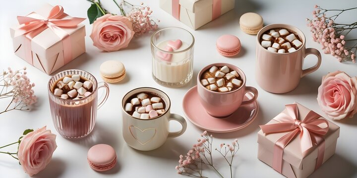 Composici&oacute;n rom&aacute;ntica de San Valent&iacute;n con tazas de chocolate caliente con malvaviscos, cajas de regalo rosas y flores de rosas
