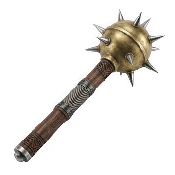 Medieval mace with a spiked metal head and a wooden handle isolated on transparent background