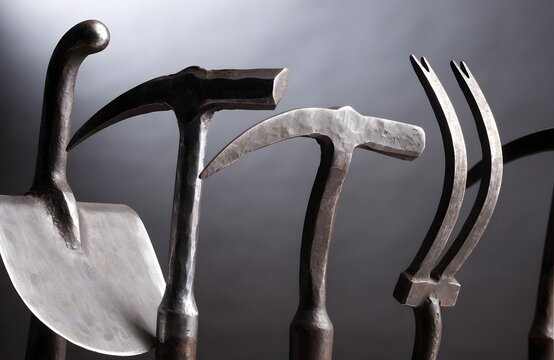 Antique Metal Farming Tools Set Displayed Against Neutral Background