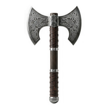 Doubleheaded battle axe with intricate norse knotwork engravings isolated on transparent background