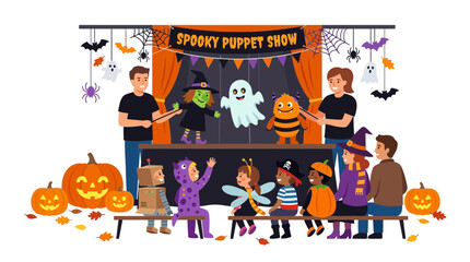 Fototapeta premium Children Enjoy Spooky Halloween Puppet Show with Costumed Characters and Pumpkins