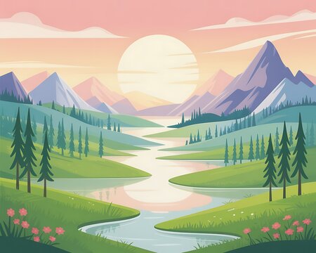 Stylized landscape with a winding river, rolling green hills, and distant purple mountains under a large sun