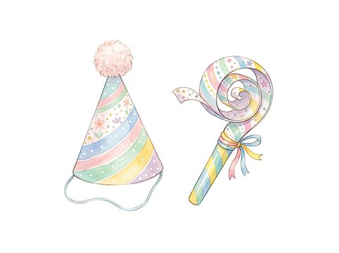 Party hat and noisemaker set, watercolor illustration, isolated on white background