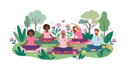 Fototapeta premium Diverse Group Practicing Yoga Outdoors with Breast Cancer Awareness Ribbons
