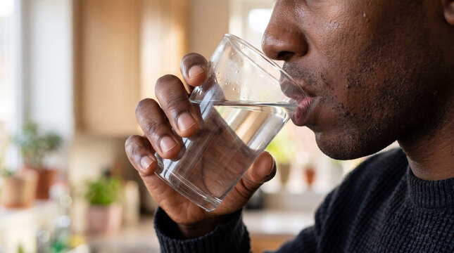 Man drinking water from glass in kitchen setting hydration concept