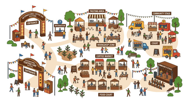 Illustration of a vibrant outdoor festival with food trucks, market stalls, and a community stage.