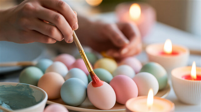 Hands painting eggs in soft pastel colors for Easter. AI gen