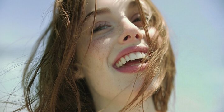 Radiant young woman with long flowing auburn hair, natural freckles smiling brightly, looking in the camera under soft warm sun light during a summer afternoon freedom session., close up face portrait