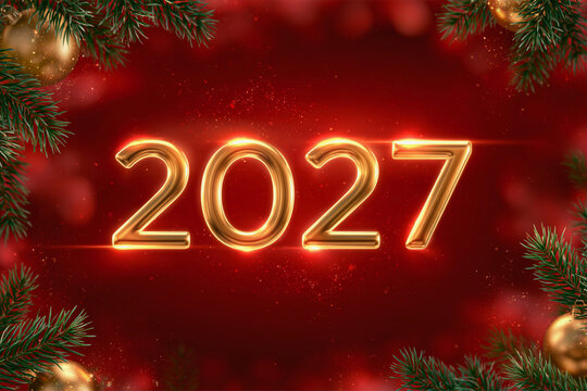 Golden "2027" glows against deep red background. Festive pine branches frame the design. Soft bokeh highlights add depth and warmth. Sparkling particles float around the numbers