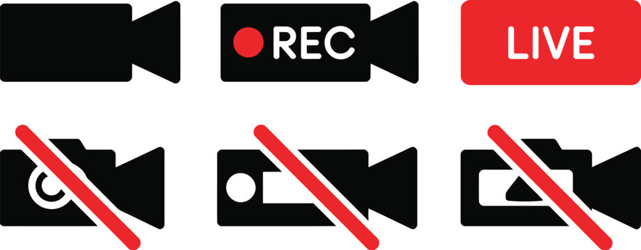 Camera recording and live streaming on and off icons for video capture, broadcasting, media controls, and digital content