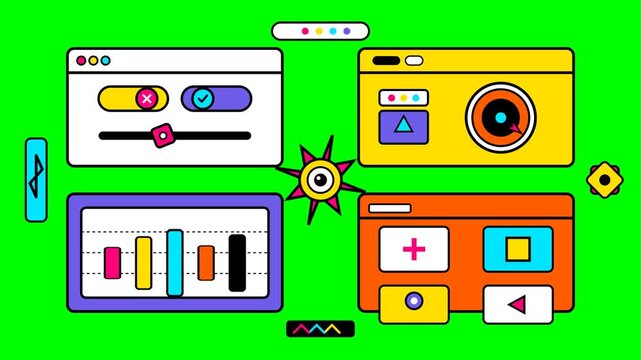 Animated Retro UI Windows and Graphic Elements with Vibrant Green Background