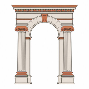 Classical architectural arch with ionic columns, ancient roman stone gateway illustration, elegant neoclassical marble portal on white background