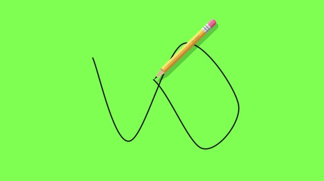 A yellow pencil draws a continuous black scribble line on a bright green background in a four step sequence