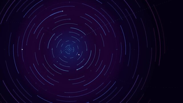 Abstract circular motion background featuring glowing concentric rings and particle patterns in deep space