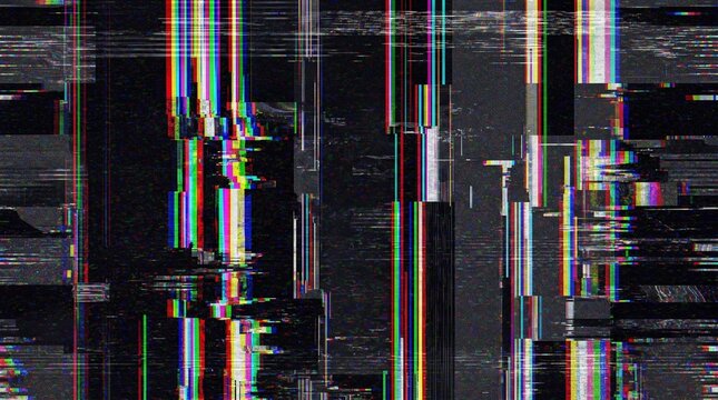 High tech digital glitch screen texture background featuring colorful vertical signal noise bars and pixel block distortion effect for video stream broadcast banner poster background