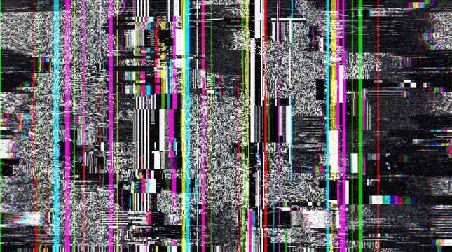 Abstract colorful digital glitch screen background with dense pixel noise static signal distortion vhs video crash error overlay for cyber game design music banner poster texture