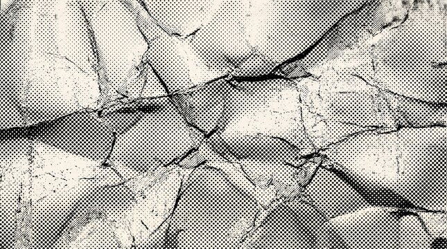 Abstract distressed background texture featuring heavy halftone dot matrix over cracked creased paper structure for vintage print design, zine aesthetic, retro poster overlay, and graphic art.