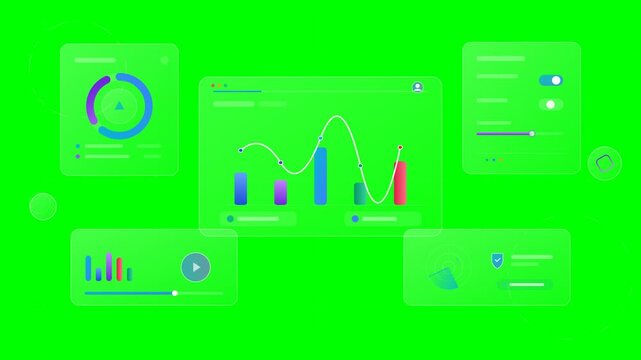 Futuristic holographic user interface with financial charts and data analytics graphs on green background