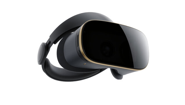 Sleek black virtual reality headset with gold trim, isolated on transparent background