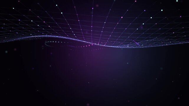 Abstract digital data grid with flowing glowing particles and waving lines in dark cyberspace