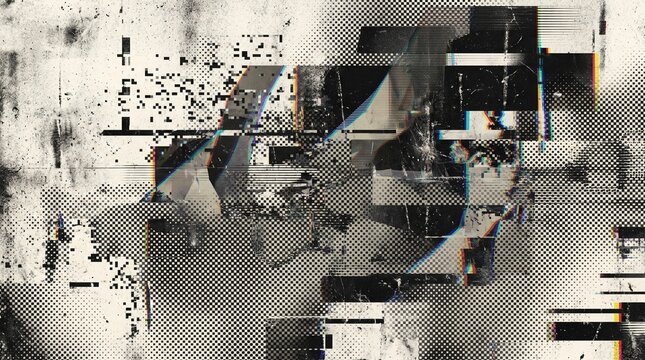 Light grunge distressed background with geometric halftone pattern glitch fragments prism color aberration and dirty noise texture for album cover art modern graphic design backdrop