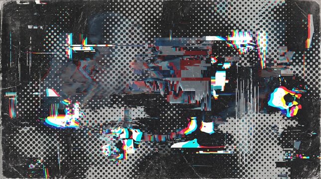 Creative glitch screen overlay featuring halftone dot raster texture, digital pixel distortion, RGB artifact noise, distressed dark background, and edgy cyberpunk video graphic.